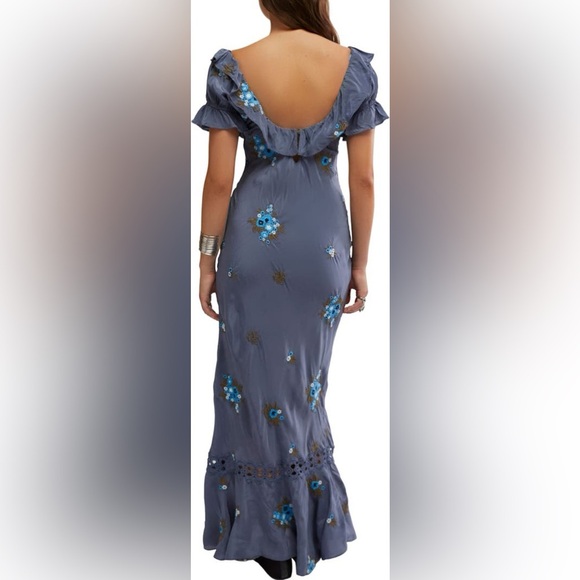 Free People Bali Santa Cruz Ruffle Floral Embroidery Blue Maxi Dress Medium NWT - Picture 2 of 9